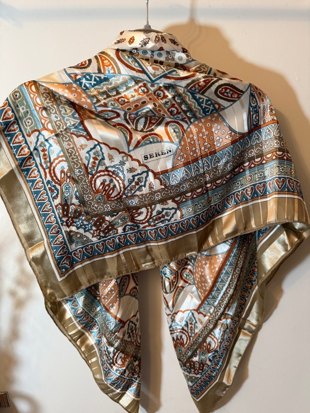 Seren London silk Paisley-Print Silk-Look Scarf in Teal, Rust & Gold vintage